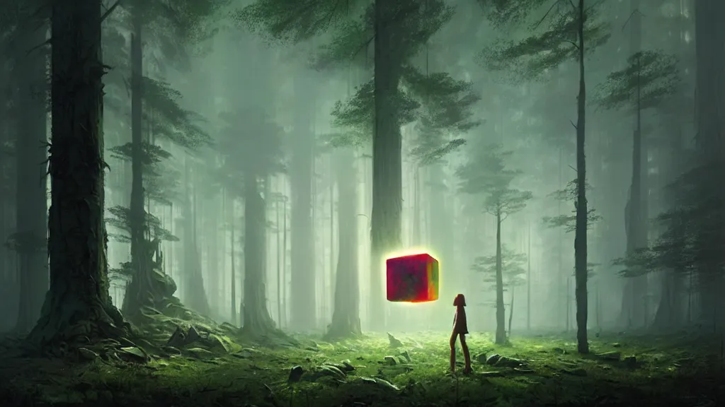 Prompt: a huge indeterminate color alien cube with a strange texture from nanotechnology, forgotten and lost in the forest, detailed digital art by greg rutkowski.