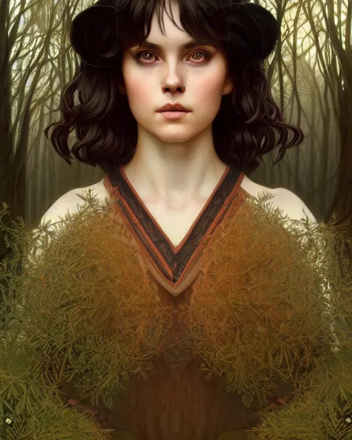 Image similar to symmetry portrait of welsh brunette witch student in mans tunic, tomboy, short hair, forest, intricate, elegant, highly detailed, digital painting, artstation, concept art, smooth, sharp focus, illustration, art by artgerm and greg rutkowski and fra angelico and alphons mucha