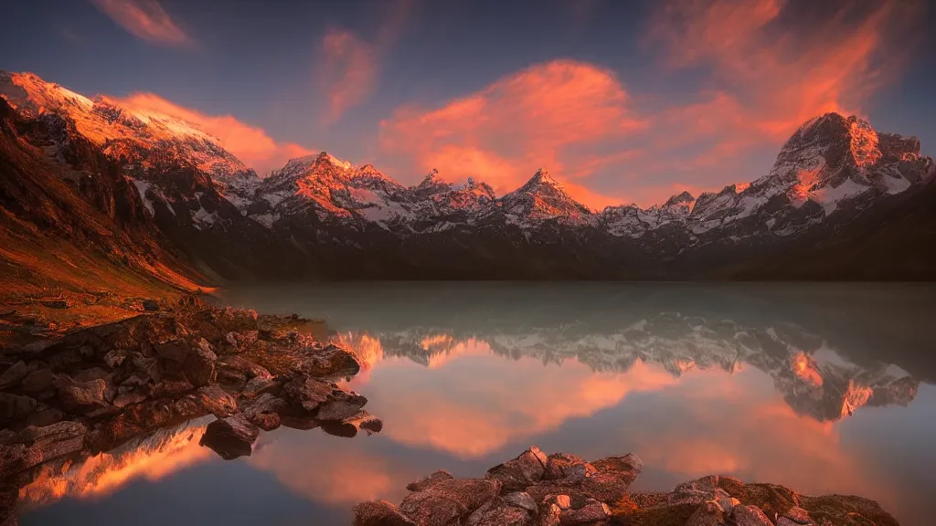 Image similar to amazing landscape photo of mountains with lake in sunset by marc adamus, beautiful dramatic lighting