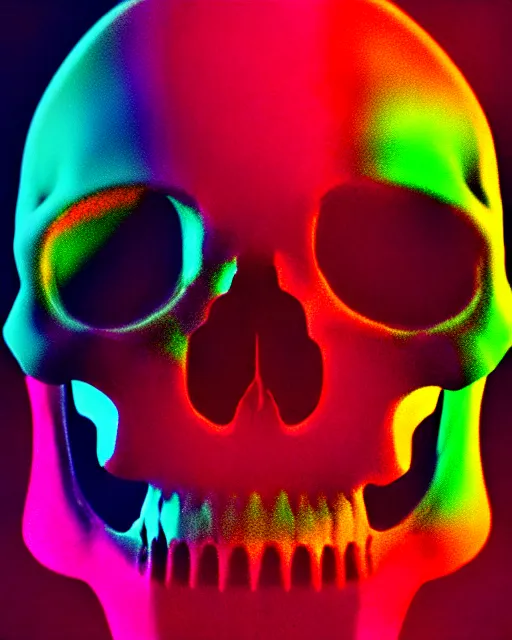 Image similar to glow, chromatic aberration, prismatic, skull, cinematic, retro, vintage, cool, unique, interesting, original, vhs quality