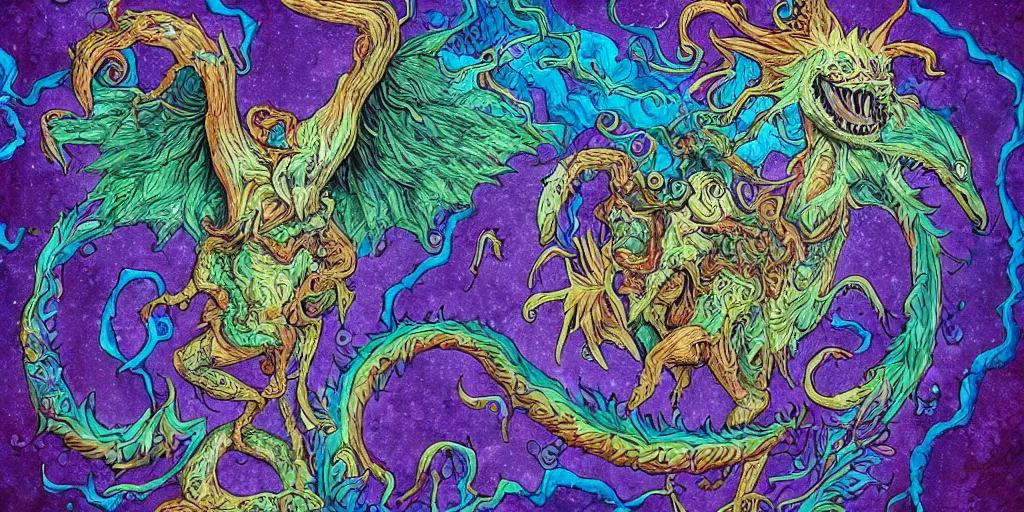 Prompt: hybrid of all animal, mythical monsters, lovecraftian, lots of teeth, melting horror, fluffy feathers, round moon, rich clouds, fighting the horrors of the unknown philosophy, acid, dmt, lsd, high resolution, very detailed, colorful