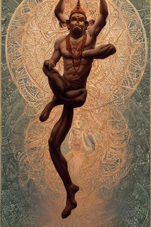 Prompt: a full body portrait of a beautiful ornated hanuman god, leaping pose, hindu stages of meditation, intricate, elegant, highly detailed, digital painting, artstation, concept art, smooth, sharp focus, line art illustration for tattoo, art by krenz cushart and artem demura and alphonse mucha