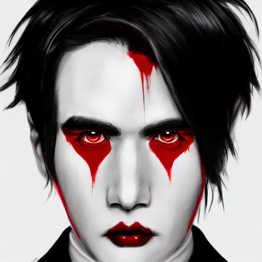 Image similar to full face shot of a handsome butler with straight black hair, a red streak in his hair, with black and red eyes, shy smile, fancy, ultra detailed, brush strokes, digital painting, cinematic, wlop artstation, pixiv, yoshitaka amano, andy warhol, ultra realistic,