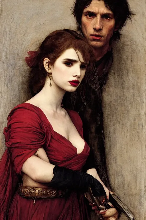 Image similar to emma roberts as a bandit queen, goddes of the vampires, red silk dress, bloodshot eyes by edgar maxence and caravaggio and michael whelan and delacroix