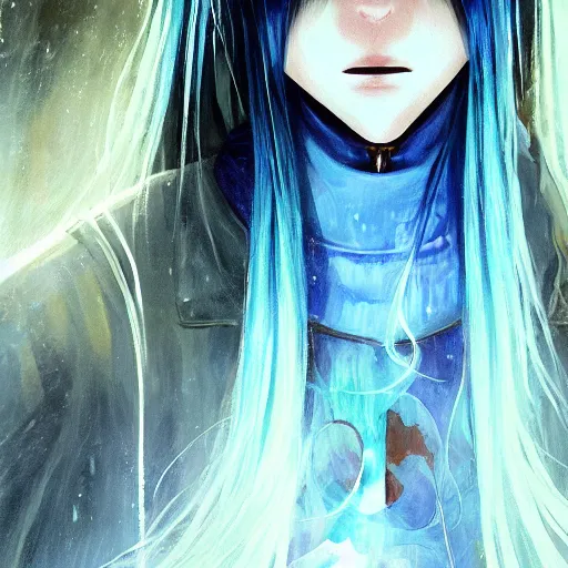 Image similar to full face shot of rimuru tempest, sky blue straight hair, long bangs, with amber eyes, wearing a fancy black jacket, high collar, ultra detailed, brush strokes, digital painting, cinematic, fxiv, wlop artstation, closeup, pixiv, eerie, scary, intimidating glare, evil, yoshitaka amano, junji ito,