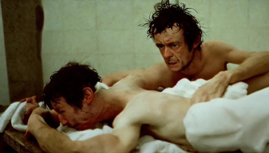 Prompt: movie still of jean - paul marat a wound at the chest, bleeding in the bath, cinestill 8 0 0 t 3 5 mm, high quality, heavy grain, high detail, cinematic composition, dramatic light, anamorphic, ultra wide lens, hyperrealistic, by pasolini