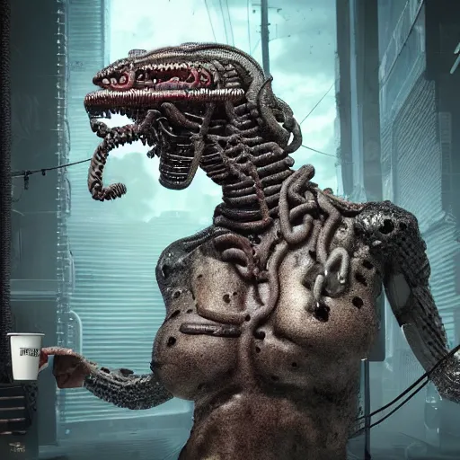 Image similar to the upper torso of a terminator gorgon medusa with borg implants, human face and robotic snakes coming out of her head is hanging from cables and wires off the ceiling of a lab. Her bottom half is missing with cables hanging out. She is taking a sip from a cup of coffee. very detailed 8k. Horror cyberpunk style. Unreal engine 5 render with nanite, path tracing and cinematic post processing. Sharp.