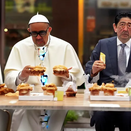 Prompt: big smoke from gta san andreas eating out at a mc donald's with pope francis and shinzo abe