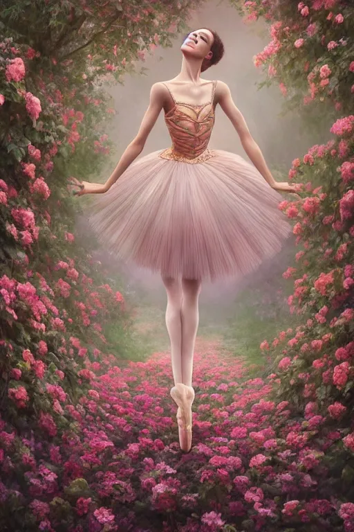 Image similar to stunningly beautiful, prima ballerina in rose garden, symmetrical face, golden hour, smooth, focus, highly detailed, hyper realistic, dramatic lighting, elegant, intricate, concept art, art by wlop, mars ravelo, greg rutowski, artstation