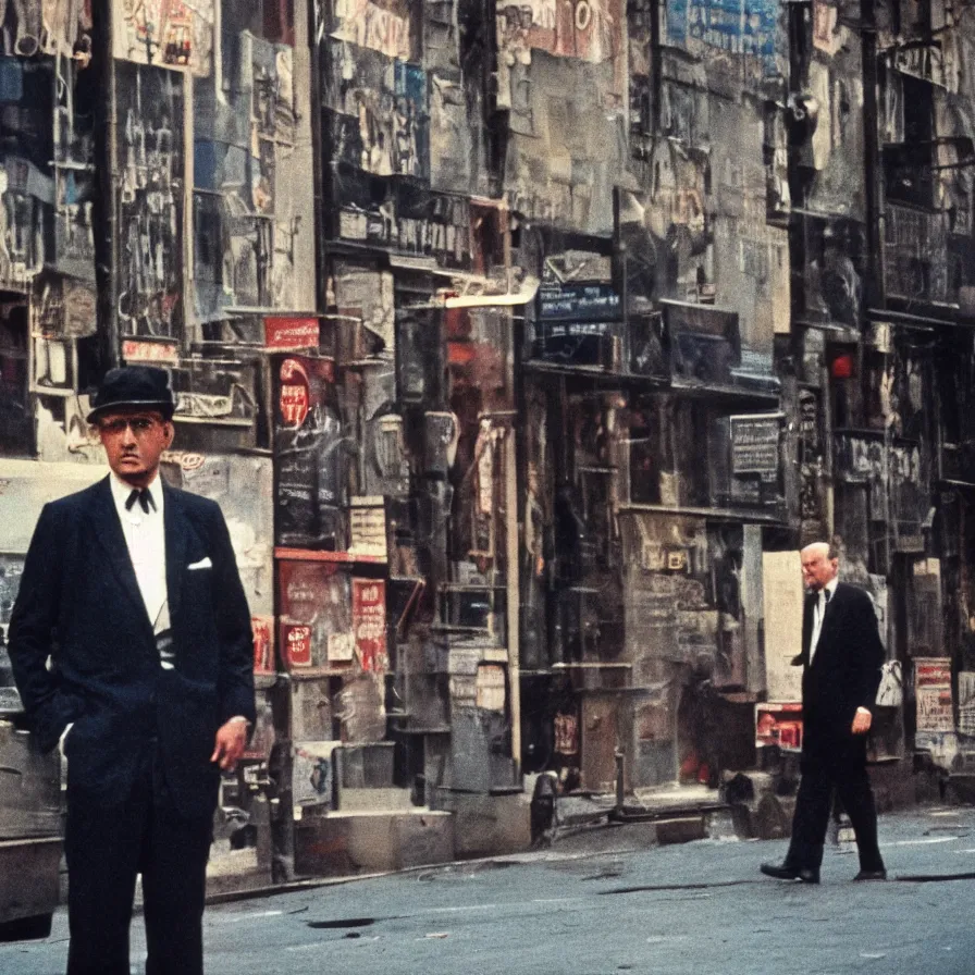 Image similar to portrait of a man in a suit in the streets of new york, 1 9 6 0 s, colour film street photography, photo taken with ektachrome, featured on flickr, photographed on damaged film