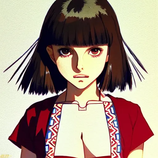 Image similar to a beautiful! boyish! natalie portman alluring gravure! model, wearing japanese school girl outfit with mayan pattern and native style, aztec street fashion, gapmoe yandere grimdark, trending on pixiv fanbox, painted by greg rutkowski makoto shinkai takashi takeuchi studio ghibli, akihiko yoshida