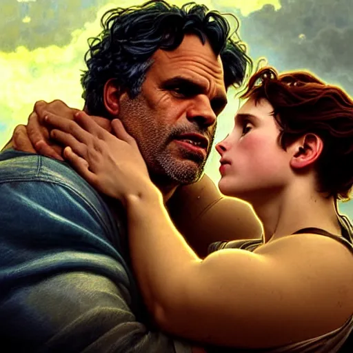 Image similar to mark ruffalo the hulk kissing a cute cowboy, cinematic volumetric lighting f 8 aperture cinematic eastman 5 3 8 4 film photorealistic by greg rutkowski by stanley artgerm by alphonse mucha