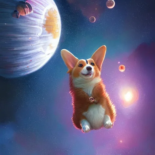 Prompt: a cute corgi puppy floating in outer space, hyperrealistic, lifelike, beautiful, dreamy, glowing, intricate, extremely detailed digital illustration, greg rutkowski, artgerm, moebius, simon stalenhag, ruan jia, makoto shinkai, trending on artstation, masterpiece, award - winning, 8 k