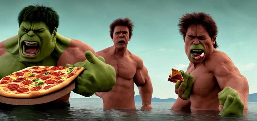 Image similar to a very high resolution image from a new movie. hulk eating pizza on a lake, photorealistic, photography, directed by wes anderson