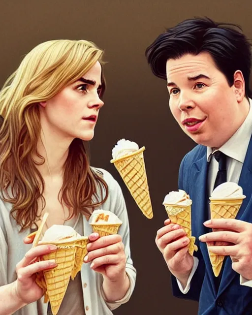 Prompt: Portrait of Michael Mcintyre & blonde Emma Watson eating ice creams in Porto,real life skin, intricate, elegant, highly detailed, artstation, concept art, smooth, sharp focus, art by artgerm and greg rutkowski and alphonse mucha