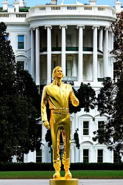 Image similar to A beautiful polished gold statue of Nicholas Cage in front of the White House, photo by Steve McCurry