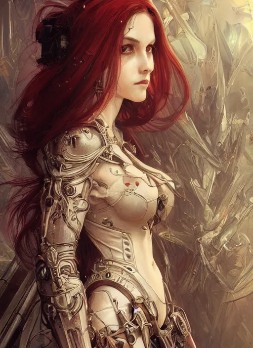 Prompt: portrait of beautiful pale gothic maiden, warhammer 40000, cyberpunk, intricate, elegant, highly detailed, digital painting, artstation, concept art, smooth, sharp focus, illustration, art by artgerm and greg rutkowski and alphonse mucha and Gustav Klimt