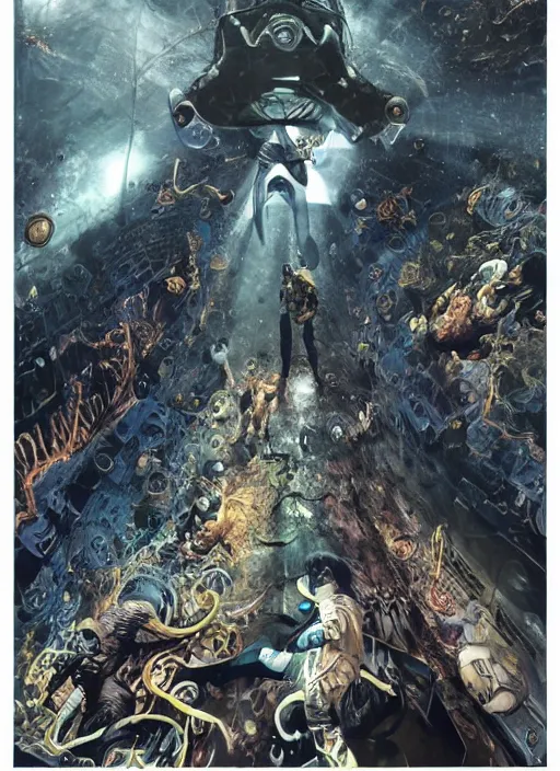 Image similar to astronauts in the dark infinite underwater void - complex and hyperdetailed technical suit, fabric material. reflection and dispersion materials. rays and dispersion of light. volumetric light. wide angle, f / 3 2. noise film photo. flash photography. ultra realistic, wide angle. poster by wayne barlowe, hajime sorayama aaron horkey, craig mullins