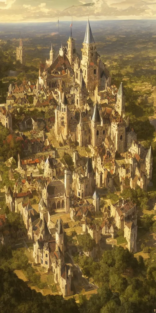 Image similar to medieval gothic city with castle on top of the hill, symetrical, very detailed, beautiful, intricate, cinematic, artstation, william bouguereau, alphonse mucha, greg rutkowski, highly detailed 4 k art, sharp focus, smooth, hd