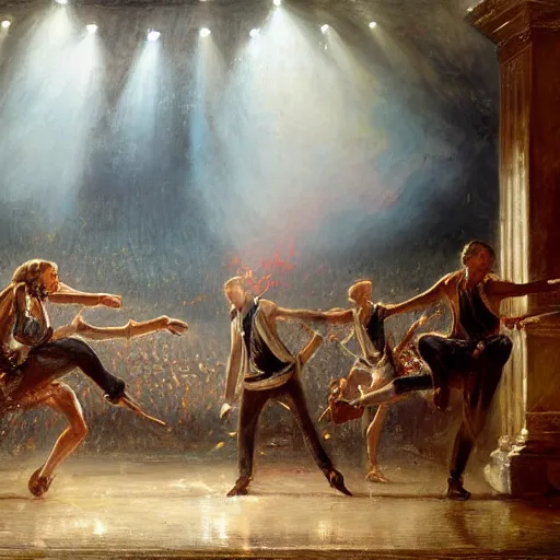 Prompt: ! dream highly detailed painting of swat raid dancing on stage at a school talent show by william turner, by greg rutkowski, by william constable, thick brush strokes and visible paint layers, 4 k resolution