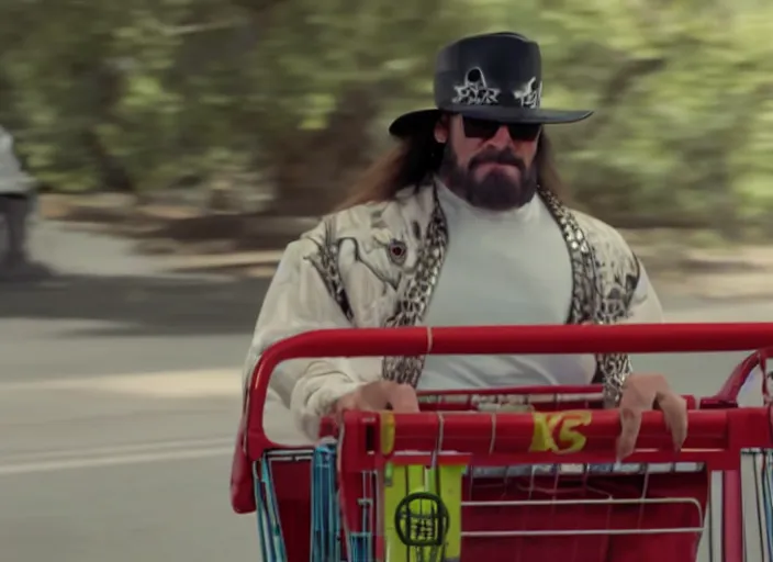 Image similar to macho man randy savage driving a shopping cart, movie still, from the new fast and furious movie, 8 k, realistic