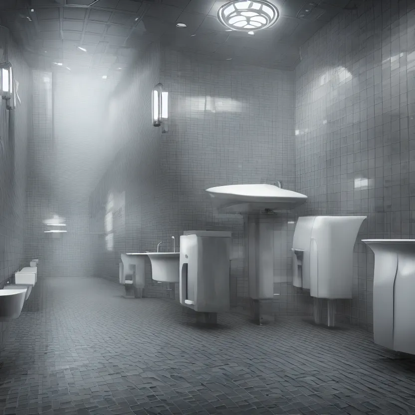 Image similar to an infinite public restroom with many stalls and sinks, cinematic lighting, volumetric lighting, award winning photography, highly detailed, intricate, sharp focus, 4 k wallpaper, unreal engine, 9 0 mm, f / 1. 4