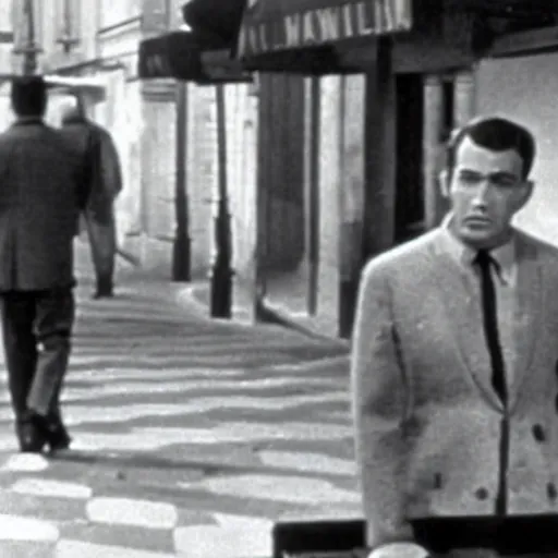 Prompt: movie still from 1 9 6 3 movie about a detective in paris