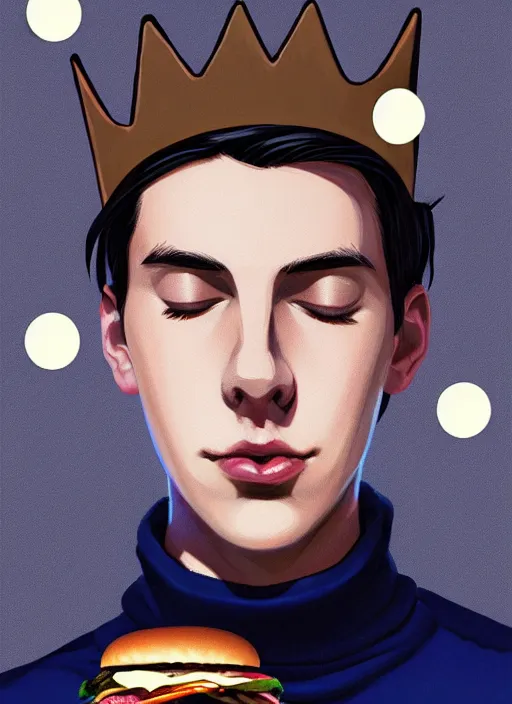 Prompt: portrait of teenage jughead jones wearing a light grey crown, crown, eating hamburger, blue turtleneck, eyes closed, crown, black hair, intricate, elegant, glowing lights, warm lighting, highly detailed, digital painting, artstation, concept art, smooth, sharp focus, illustration, art by wlop, mars ravelo and greg rutkowski