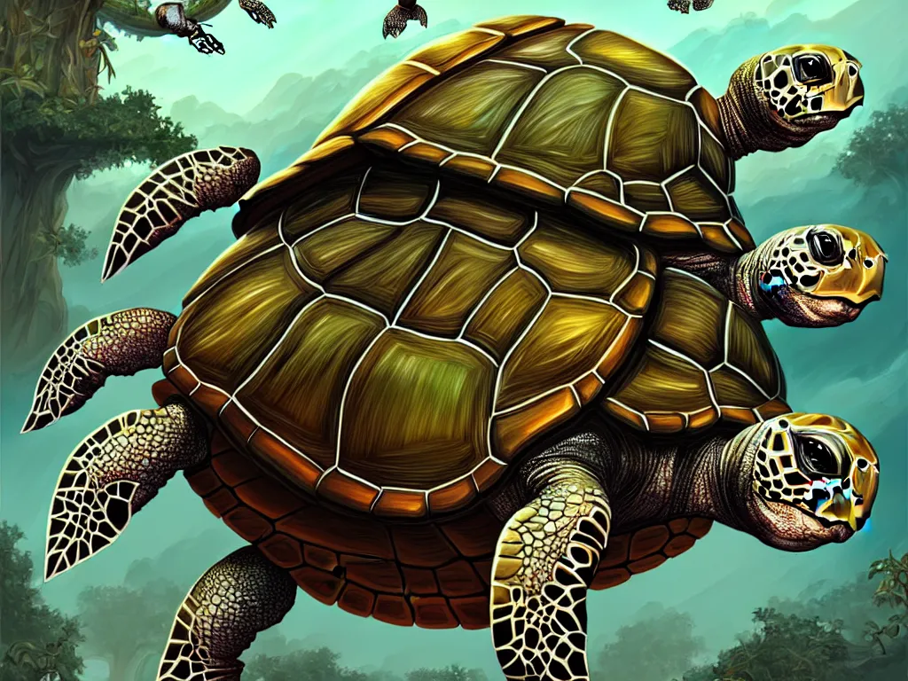 Prompt: turtles all the way down, fantasy, intricate, highly detailed, digital painting, artstation, concept art, smooth and sharp focus