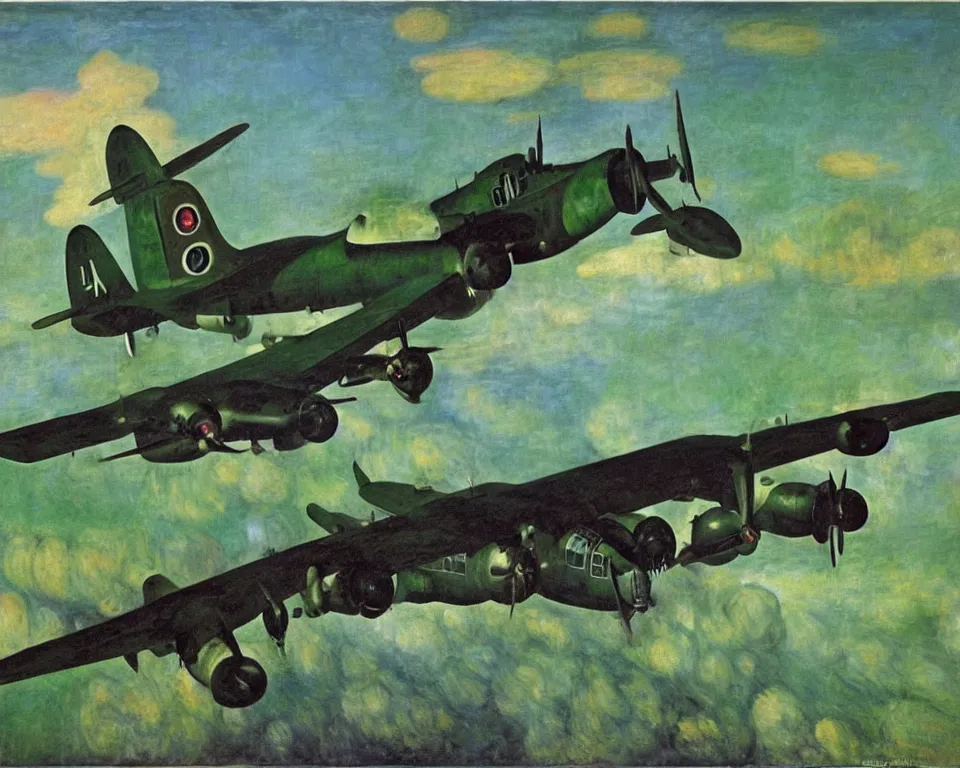 Prompt: an abstract, flat side view of a singular, green B-17 Flying Fortress. intricate, vibrant, Raphael, Monet, Rene Margritte.