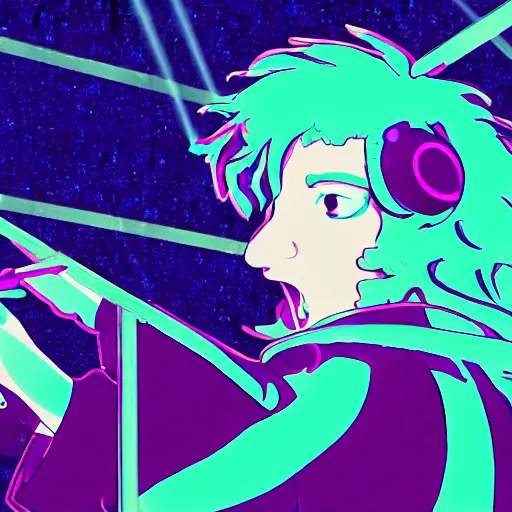 Image similar to a male singer on a stage with curly brown hair and blue eyes, a hologram by yasutomo oka, featured on pixiv, holography, seapunk, anime, glowing lights. vocaloid