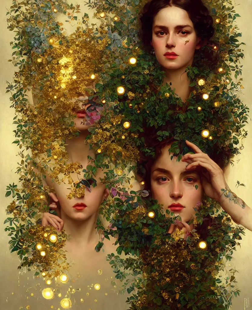 Image similar to hyper realistic photographer looking through a vintage medium format camera, magic pouring from lens, full body pose, design on white background, beautiful details, lush foliage cyberpunk, gold, drawn by john singer sargent, tom bagshaw, norman rockwell, alphonso mucha, lolish, trending on artstation