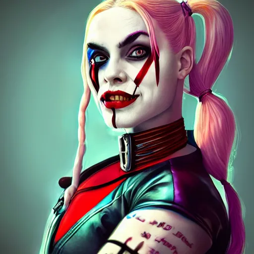 Prompt: Harley Quinn from the suicide squad, portrait, playful, fantasy, medieval, beautiful face, vivid colrs, elegant, concept art, sharp focus, digital art, Hyper-realistic, 4K, Unreal Engine, Highly Detailed, HD, Dramatic Lighting by Brom, trending on Artstation