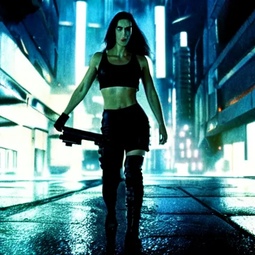 Image similar to jennifer connelly starring in a cyberpunk movie in a distopic futuristic city in the style of bladerunner, wearing a cropped black tank top, black boyshorts and black boots, firing a gun, muzzle flash, movie still, highly detailed, rainy night, volumetric lights, dramatic, scifi, sharp focus