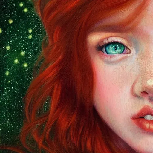 Prompt: a highly detailed, hyper realistic, stunning portrait of a red haired young woman, surrounded by the lights of golden fireflies, long hair, green eyes, hint of freckles, round gentle face, cheeky smile, romantic, deep focus, elegant, digital painting, smooth, sharp, golden ratio, illustration, art by artgerm and caravaggio