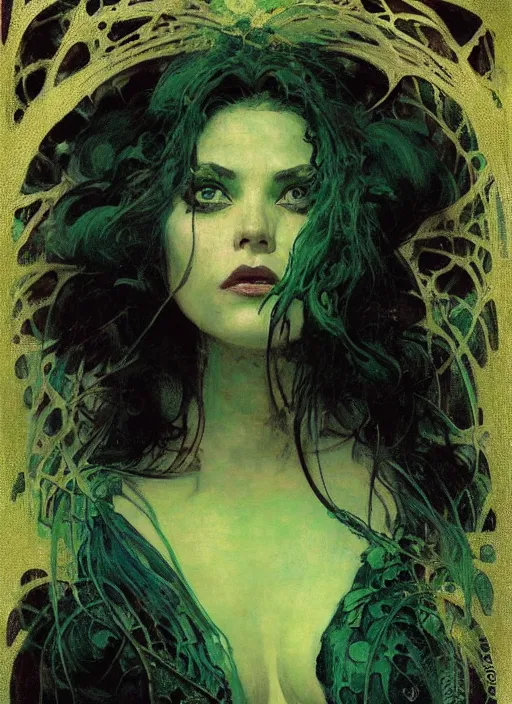 Prompt: a beautiful terrifying painting dark gothic close up woman in a spider web, green, and black hues by raymond swanland, gaston bussiere craig mullins alphonse mucha basil gogos norman rockwell takato yamamoto, jack kirby, ruan jia, roberto ferri, monet, by wlop, moebius syd mead roger dean