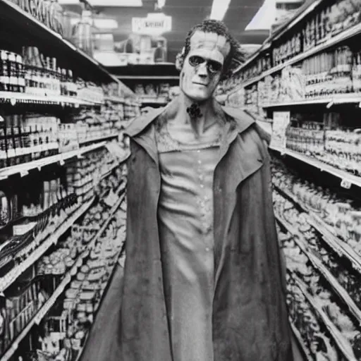 Image similar to foto of frankenstein in the grocery store, restored color, 4 k