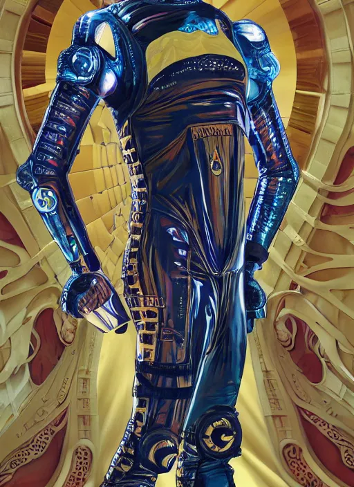 Image similar to ali g posing trumphantly in a futuristic jumpsuit, sacha baron cohen, the expanse, sci fi, futuristic, detailed illustration, digital art, trending on artstation, soft ambient lighting, volumetric lighting, rim lighting, yoshitaka amano, alphonse mucha, arney freytag, maxfield parrish, new art nouveau