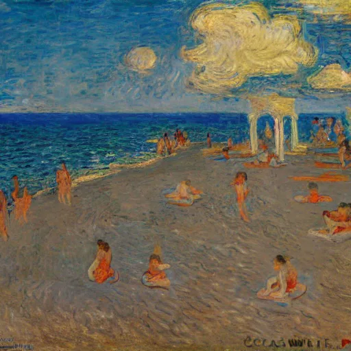 Prompt: oil paint impasto reliefs, italian beach scene, an artwork by charles w. bartlett and claude monet anvan gogh