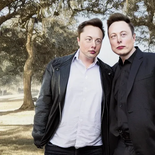 Image similar to A portrait photo of Elon Musk teams up with a teenage Elon Musk, perfect faces, 50 mm, award winning photography