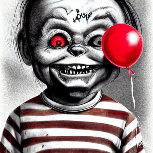 Prompt: surrealism grunge cartoon portrait sketch of chucky with a wide smile and a red balloon by - michael karcz, loony toons style, comic book style, horror theme, detailed, elegant, intricate