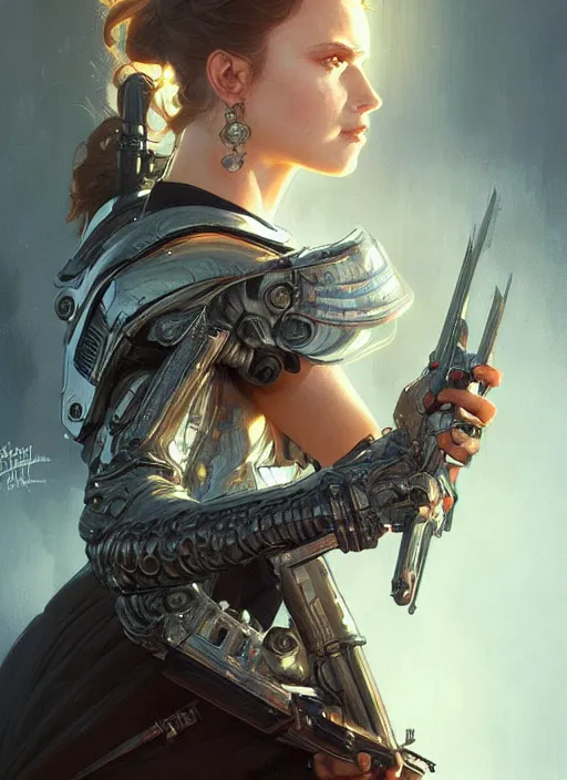 Image similar to portrait of terminator, fantasy, medieval wear, intricate, elegant, highly detailed, digital painting, artstation, concept art, smooth, sharp focus, illustration, art by artgerm and greg rutkowski and alphonse mucha