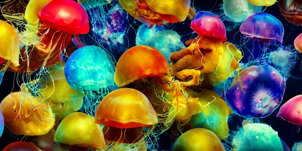 Image similar to hamburger mix jellyfish, cg, 8 k, surrealistic, sharp focus, super resolution, style by andy warhol