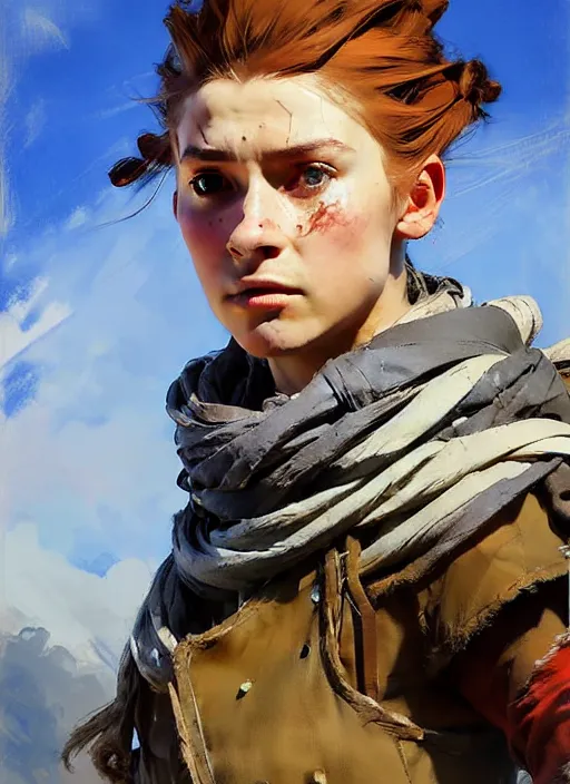 Image similar to portrait of a eastern european Aloy from Horizon Zero Dawn in the style of Apex Legends practicing, countryside, calm, fantasy character portrait, dynamic pose, above view, sunny day, clouds in the sky, artwork by Jeremy Lipkin and Giuseppe Dangelico Pino and Michael Garmash and Rob Rey and Greg Manchess, very coherent asymmetrical artwork, sharp edges, perfect face, simple form, 100mm