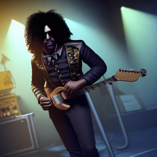 Image similar to a steampunk black man with long curly hair, playing electric guitar at a night club, focus on the musicians, cinematic lighting, exaggerated detailed, unreal engine, octane render, trending on artstation, art by greg rutkowski, 4 k