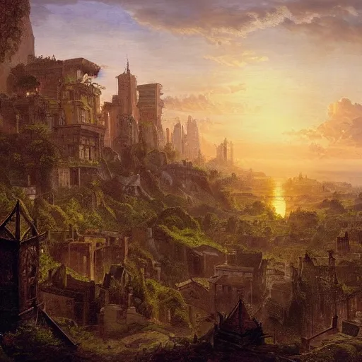 Prompt: vista of a city at sunset, the city is a sprawling renaissance city that is built in the hills of a bay amidst cyclopean tombs and overgrown by the rainforest, rpg, hubert robert, cityscape, vista, dying earth, gene wolfe