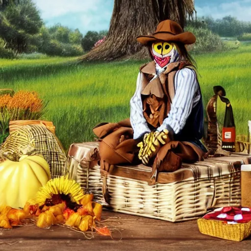 Image similar to scarecrow has a picnic, extremely photorealistic