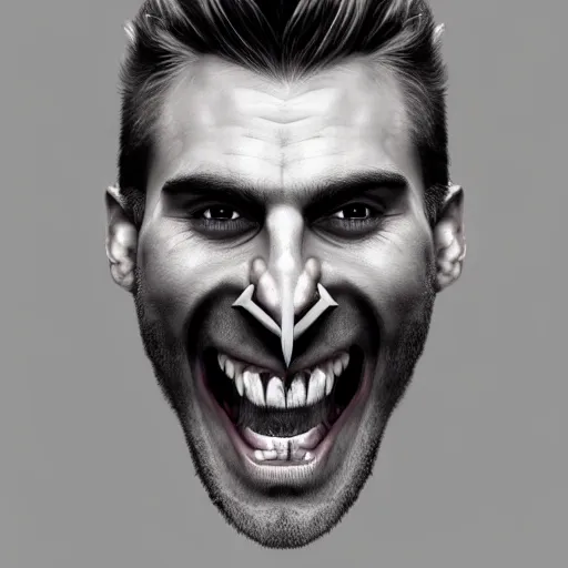 Image similar to x-ray scan of Beautiful face of very manly Gigachad with very big jaws, big eyebrows, smile like trollface jaw strongly tilted on one side, painting on grey scale face, powerful , magic, thunders, dramatic lighting, intricate, wild, highly detailed, digital painting, artstation, concept art, smooth, sharp focus, illustration, art by artgerm and greg rutkowski and alphonse mucha, footage
