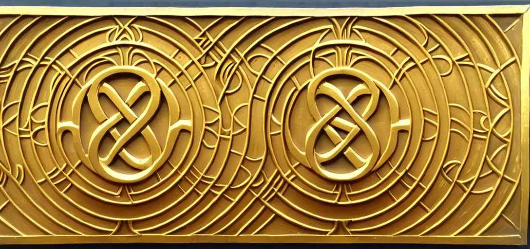 Image similar to ornate bold high - relief deep carving of infinity symbols on a gold panel, art deco