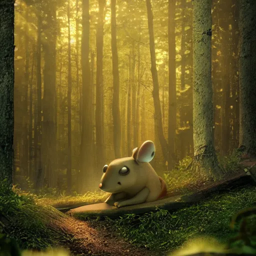 Image similar to maus in forest, by rivuletpaper, by lily seika jones, rivuletpaper art, top cinematic lighting , cinematic mood, very detailed, shot in canon, 8k, high resolution